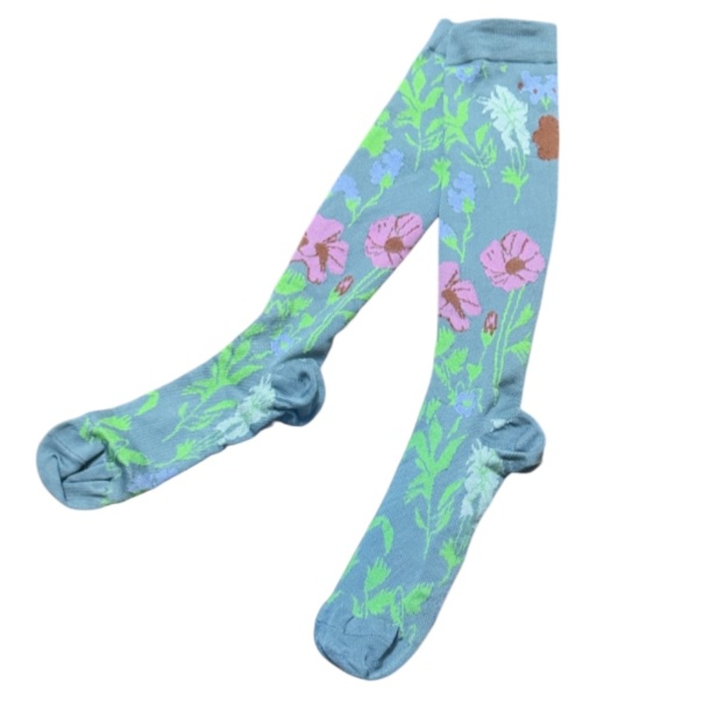 Gray and pink floral print knee high compression socks OS